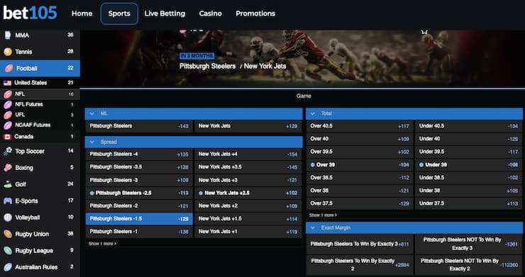 Odds display from Bet105, a major player among West Virginia online sportsbooks.